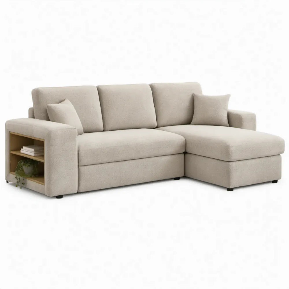 Beige hoekbank met chaise longue en opbergvak, 230 x 150 x 85 cm