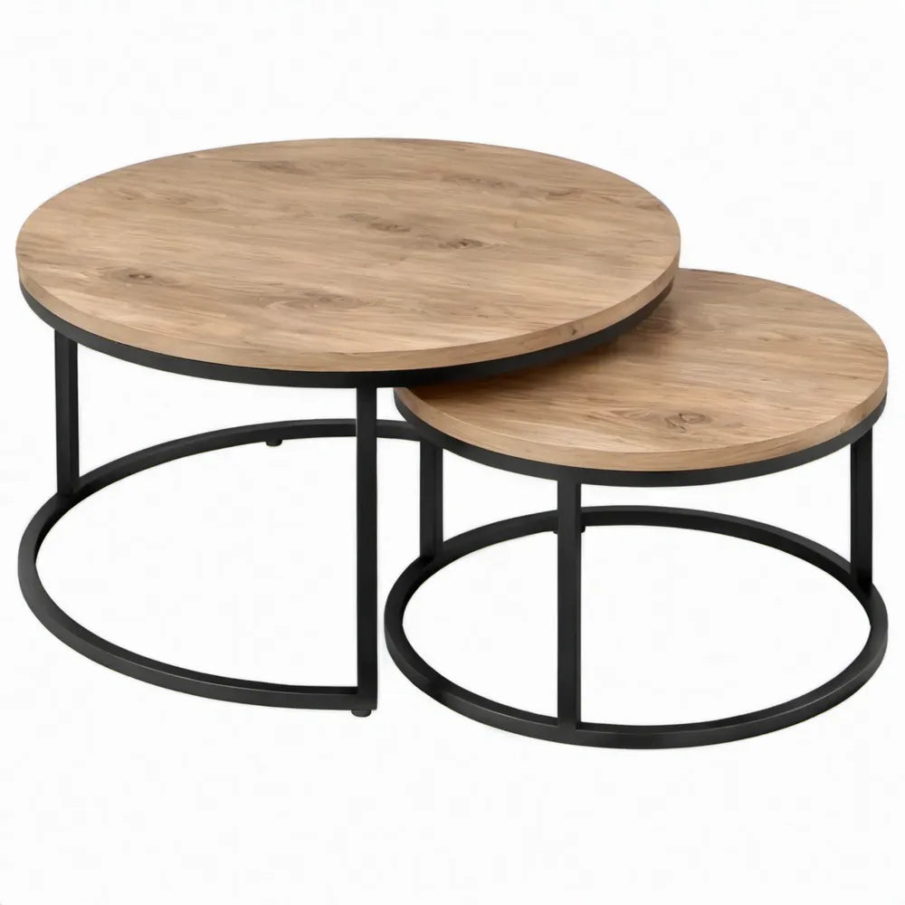 Ronde salontafelset van 2 in eikenkleurig en zwart – Ø 80 x 45 cm en Ø 60 x 38 cm