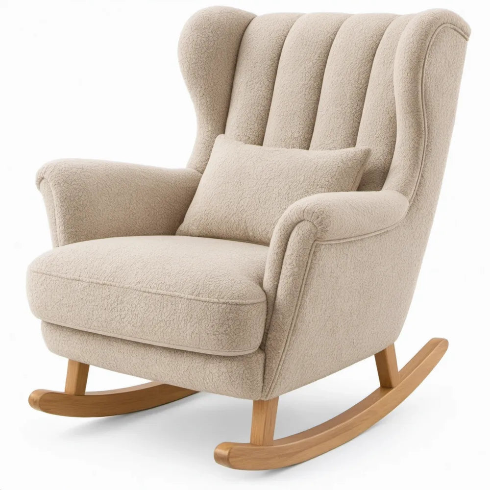Crèmekleurige bouclé schommelstoel met hoge rugleuning en houten onderstel, 75 x 92 x 105 cm