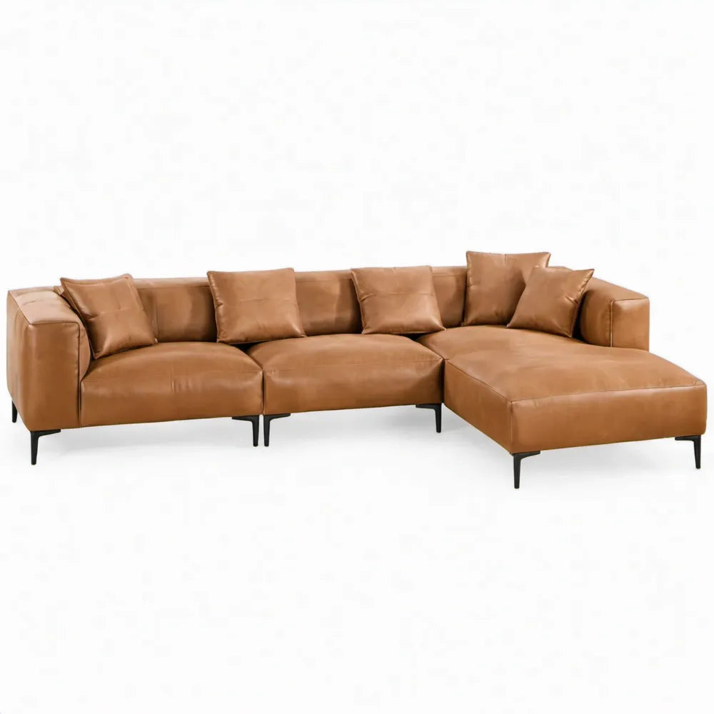 L-vormige 4-zits hoekbank met chaise longue rechts 300 x 170 x 85 cm in cognac PU-kunstleer met zwarte stalen poten