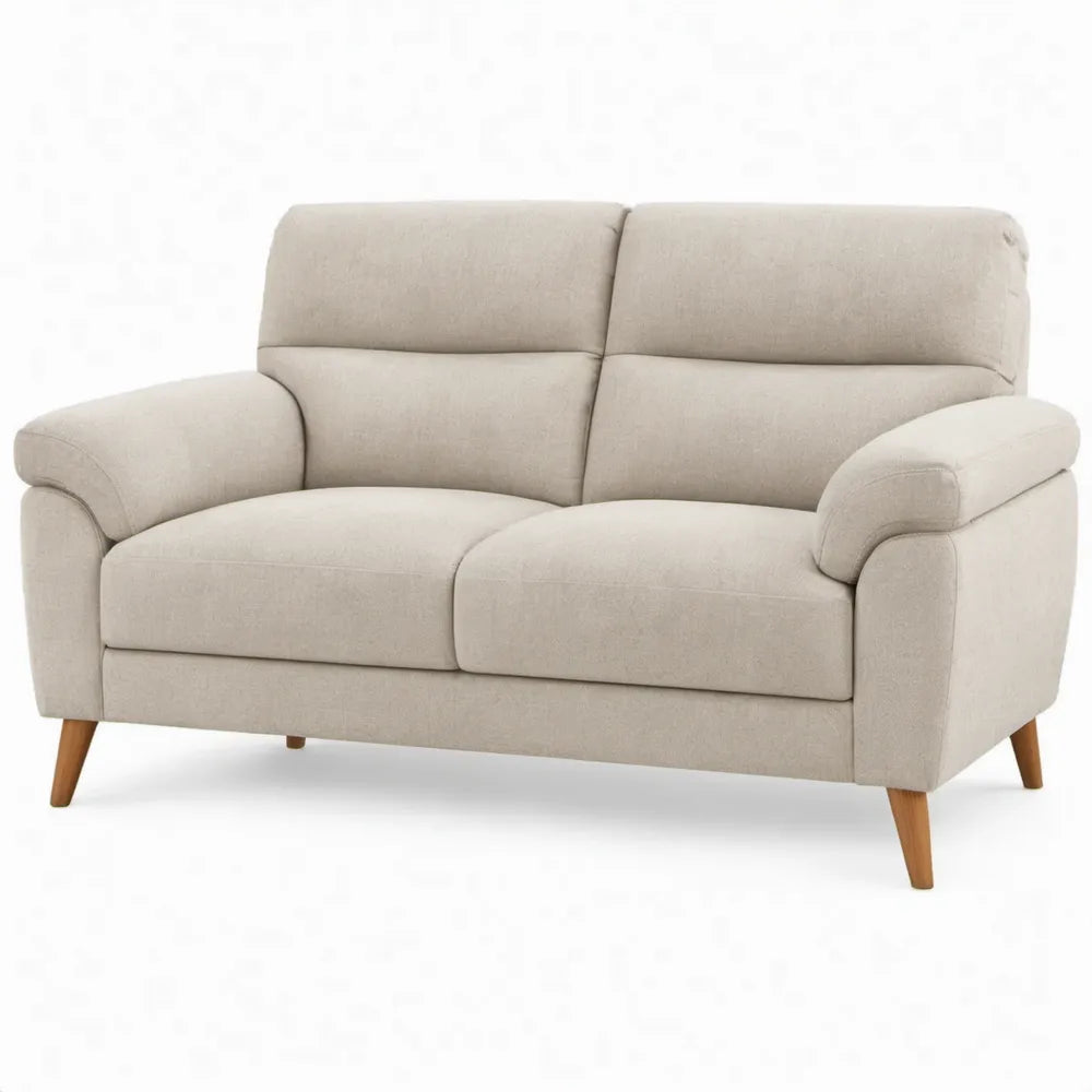 Beige 2-zitsbank met polyester bekleding en rubberhouten poten, 150 x 85 x 88 cm