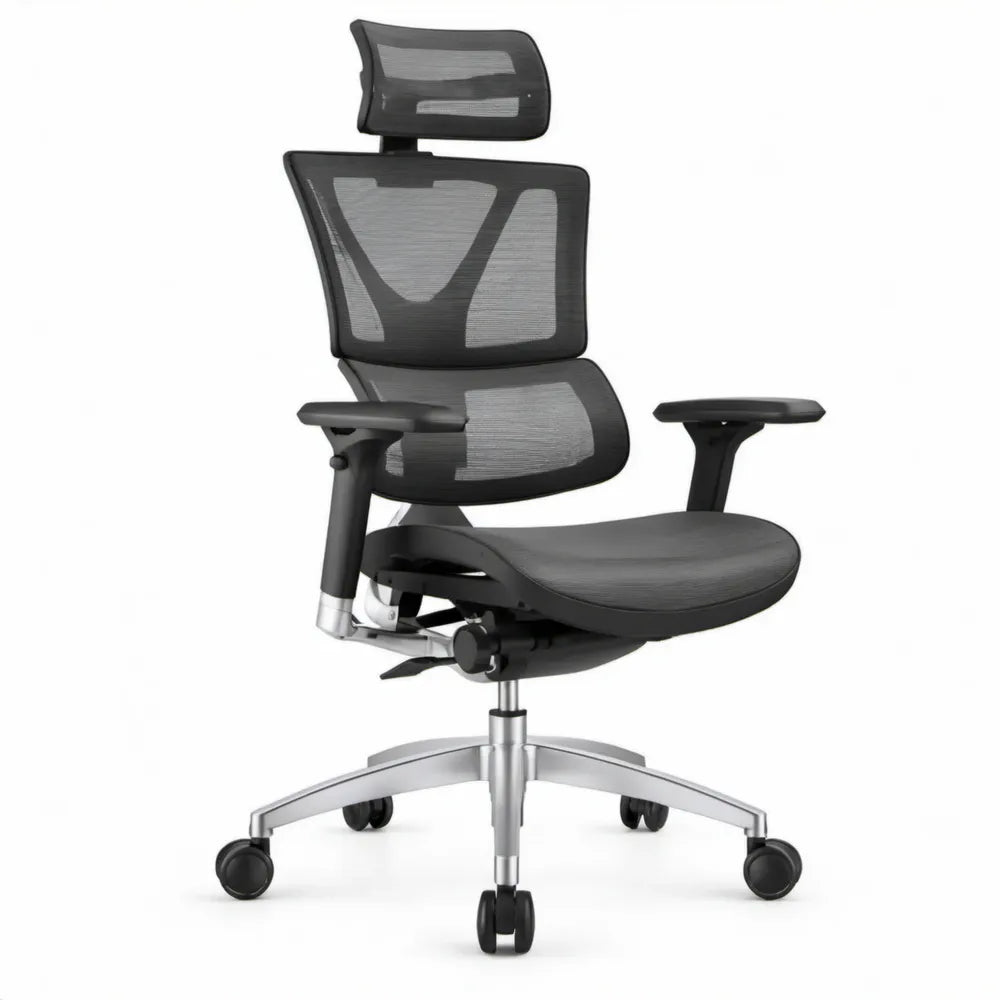 Ergonomische bureaustoel met hoofdsteun en verstelbare armleuningen, zwart/zilverkleurig, 66 x 66 x 118-128 cm