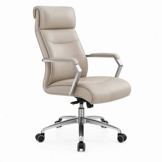 Ergonomische bureaustoel met hoge rugleuning, crème PU-kunstleer en zilverkleurig onderstel, 68 x 68 x 116-126 cm