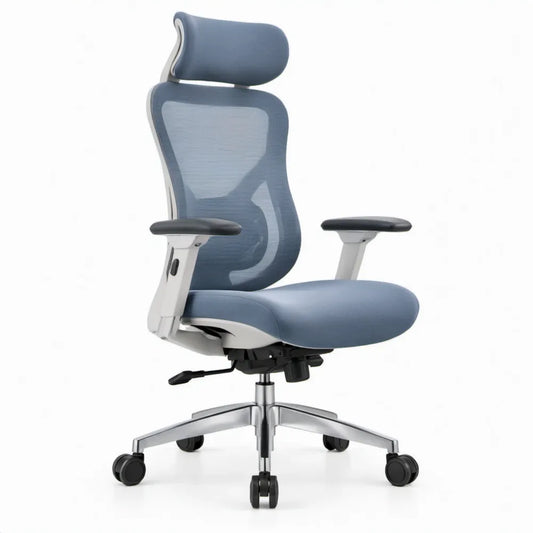 Ergonomische bureaustoel met verstelbare hoofdsteun en armleuningen, blauw/grijs/zwart/zilver, 66 x 66 x 118-128 cm