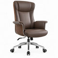 Directiestoel van bruin PU-kunstleer met walnootfineer, 68 x 68 x 118-128 cm