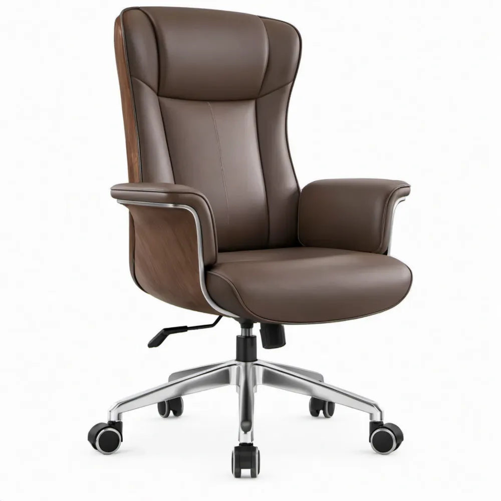 Directiestoel van bruin PU-kunstleer met walnootfineer, 68 x 68 x 118-128 cm