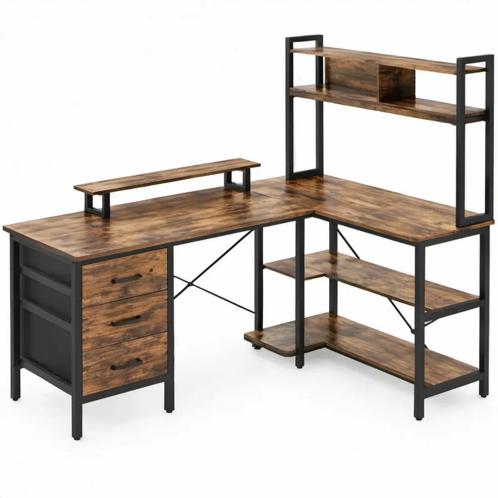 Industrieel hoekbureau met 3 laden en opbergrekken, 120 x 120 x 140 cm, rustiek bruin/zwart