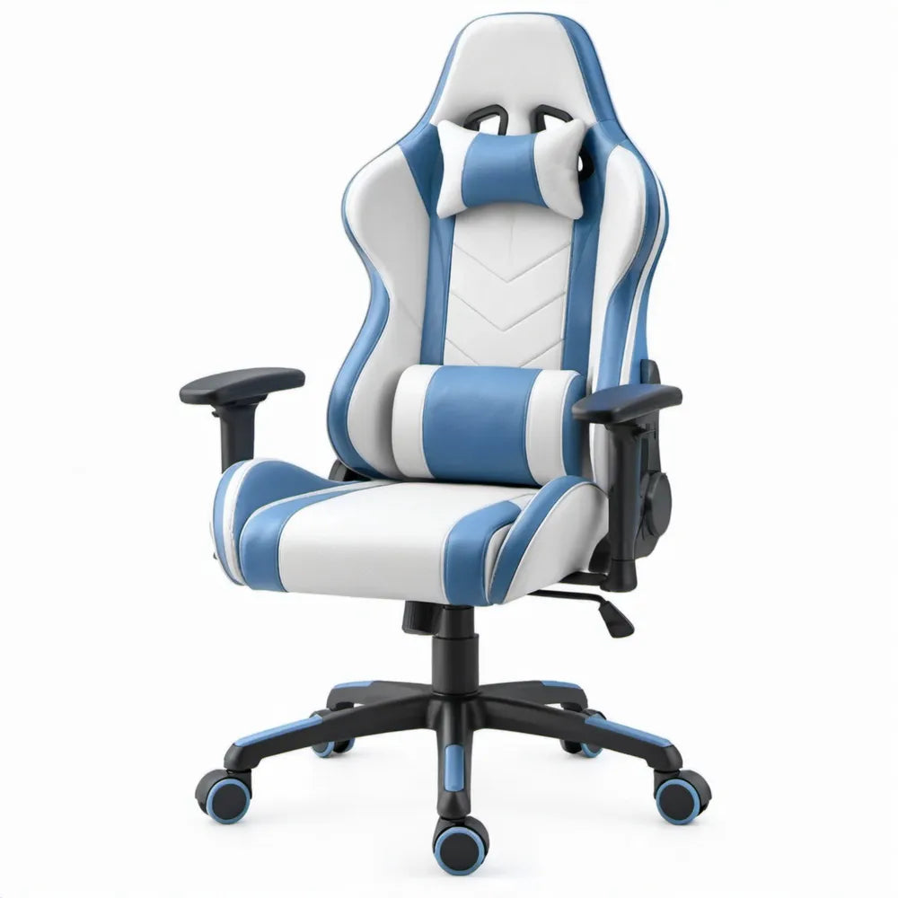 Verstelbare gamingstoel met hoge rugleuning, blauw/wit/zwart, 65 x 65 x 122-132 cm