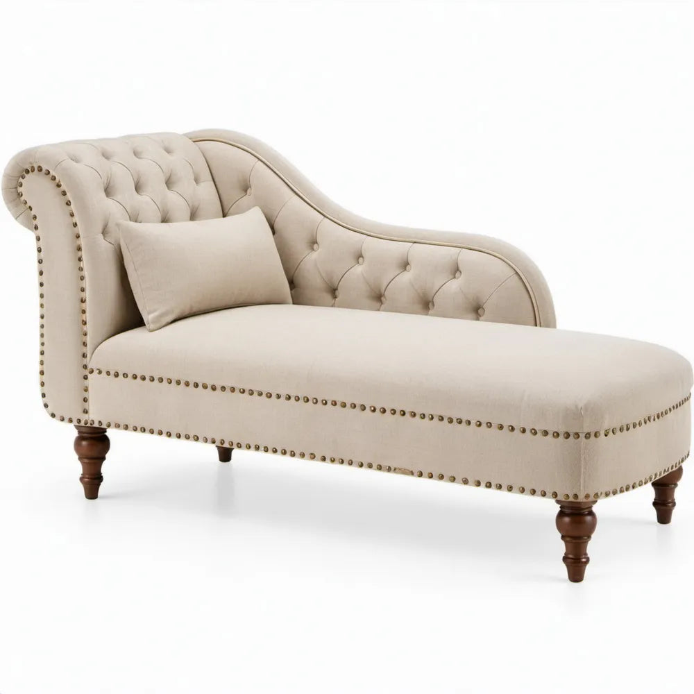 Chaise longue met linkerarmleuning, 170 x 75 x 85 cm, crèmekleurige polyester bekleding en donkerbruine rubberhouten poten