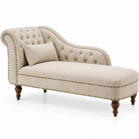 Chaise longue met linkerarmleuning, 170 x 75 x 85 cm, crèmekleurige polyester bekleding en donkerbruine rubberhouten poten