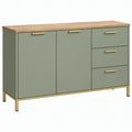 Dressoir met 2 deuren en 3 laden, 140 x 40 x 85 cm, olijfgroen met eikenlook blad