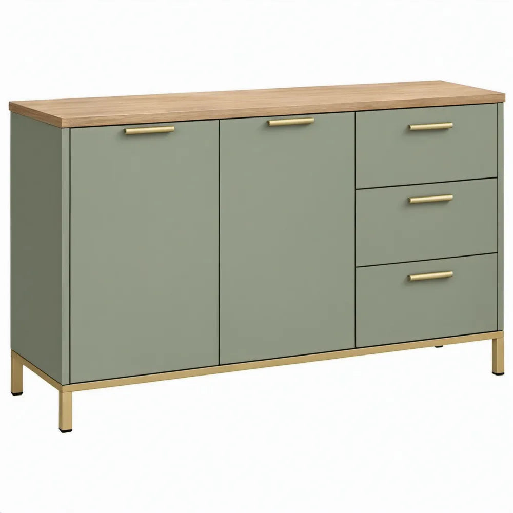 Dressoir met 2 deuren en 3 laden, 140 x 40 x 85 cm, olijfgroen met eikenlook blad