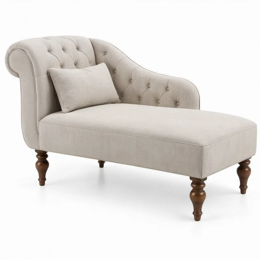 Beige chaise longue met gecapitonneerde armleuningen en donkerbruine rubberhouten poten, 165 x 75 x 85 cm