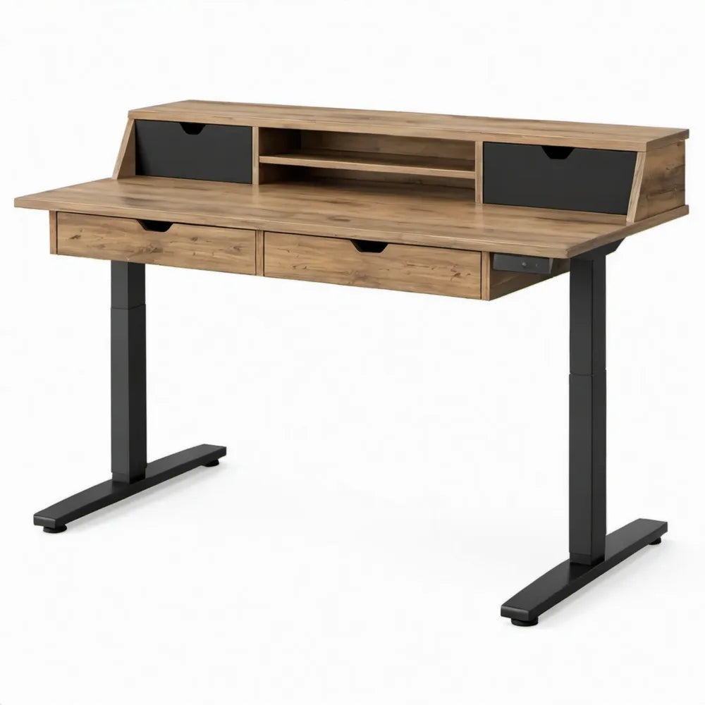 Hoogteverstelbaar bureau met 4 lades en opzetstuk, 120 x 60 cm, bruin/zwart