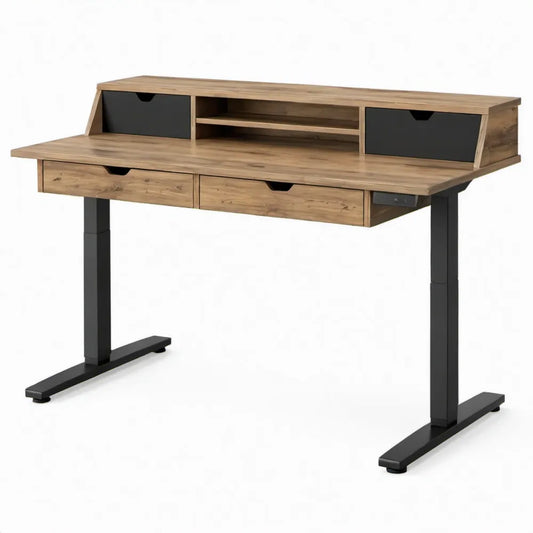Hoogteverstelbaar bureau met 4 lades en opzetstuk, 120 x 60 cm, bruin/zwart