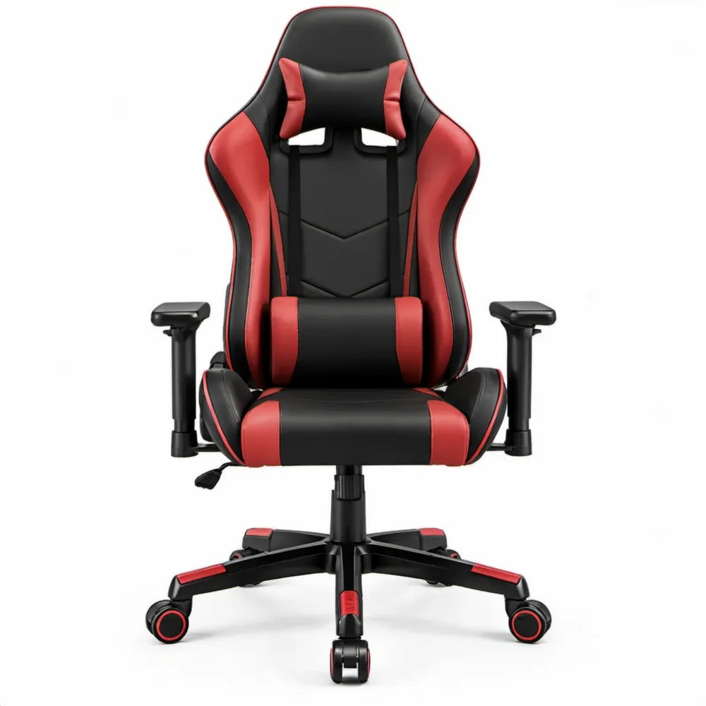 Ergonomische gamingstoel met verstelbare armleuningen, hoofdsteun en lendenkussen – zwart/rood – 68 x 65 x 126-136 cm