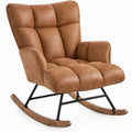 Cognacbruine schommelstoel met hoge rugleuning, zwart stalen frame en houten poten – 68 x 90 x 98 cm