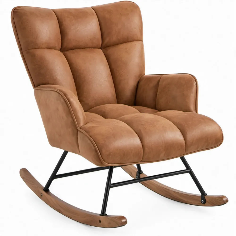 Cognacbruine schommelstoel met hoge rugleuning, zwart stalen frame en houten poten – 68 x 90 x 98 cm