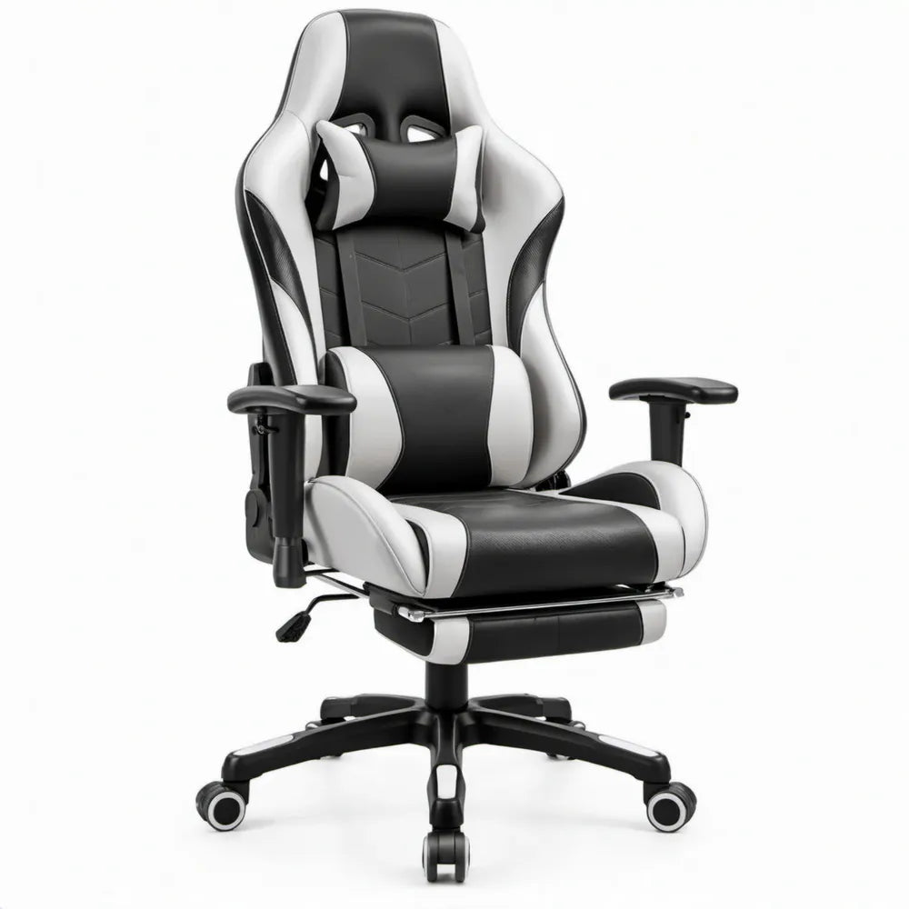 Gamingstoel Zwart/Wit met Voetensteun, Verstelbare Rugleuning en Kussens, 66 x 70 x 122-132 cm