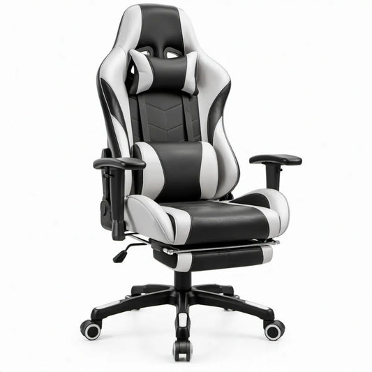 Gamingstoel Zwart/Wit met Voetensteun, Verstelbare Rugleuning en Kussens, 66 x 70 x 122-132 cm