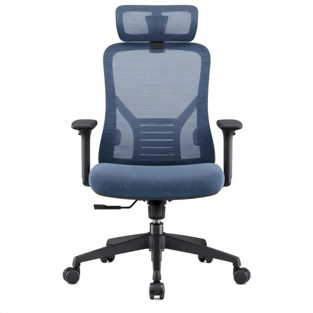 Ergonomische blauwe en zwarte mesh bureaustoel met hoofdsteun, 64 x 64 x 118-128 cm