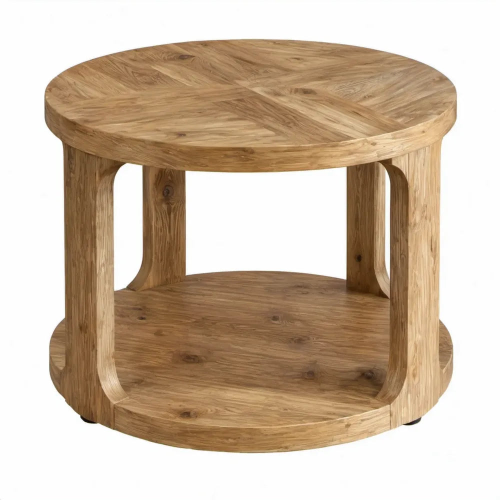 Ronde bijzettafel van massief eikenhout met opbergplank, Ø 80 x H 55 cm, naturel