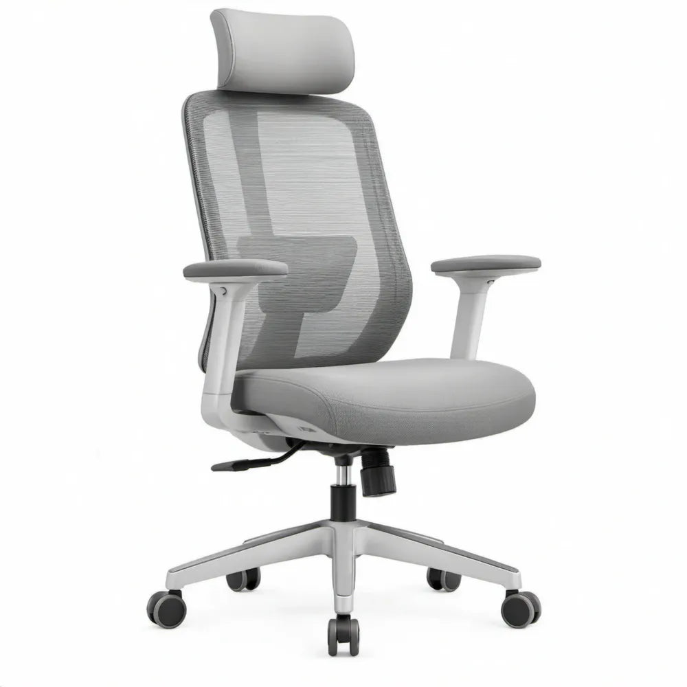 Ergonomische bureaustoel met hoofdsteun, lendensteun en armleuningen, grijs/zilvergrijs, 65 x 65 x 118-128 cm