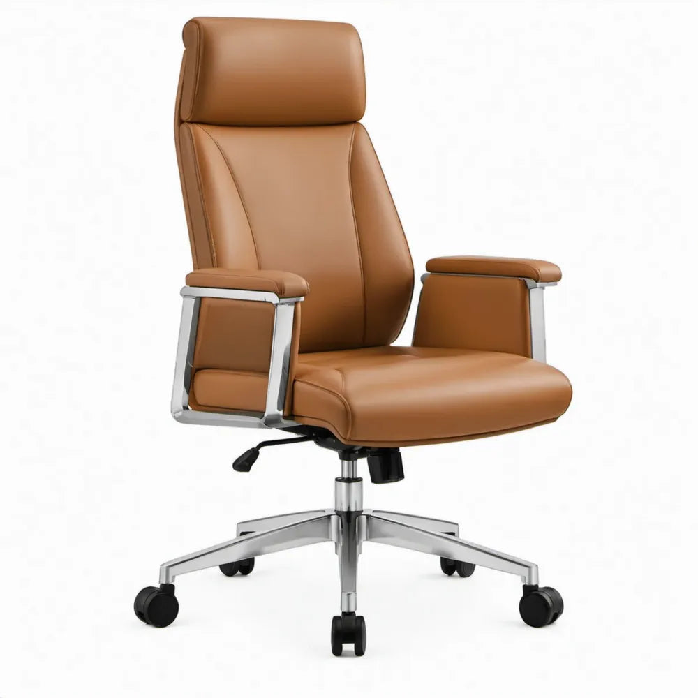Cognacbruine bureaustoel van PU-kunstleer met hoge rugleuning, 66 x 64 x 118-128 cm