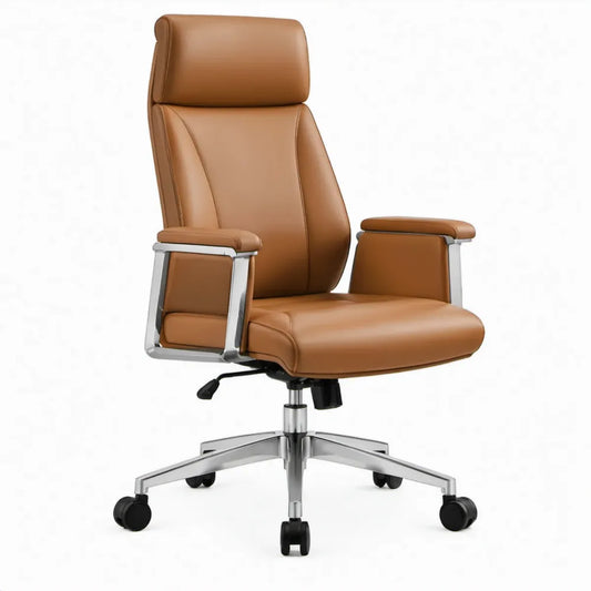 Cognacbruine bureaustoel van PU-kunstleer met hoge rugleuning, 66 x 64 x 118-128 cm
