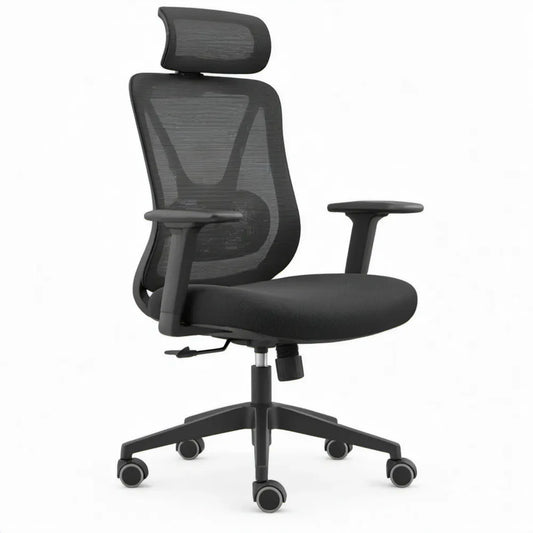 Ergonomische bureaustoel zwart met hoofdsteun en armleuningen, 64 x 64 x 118-128 cm