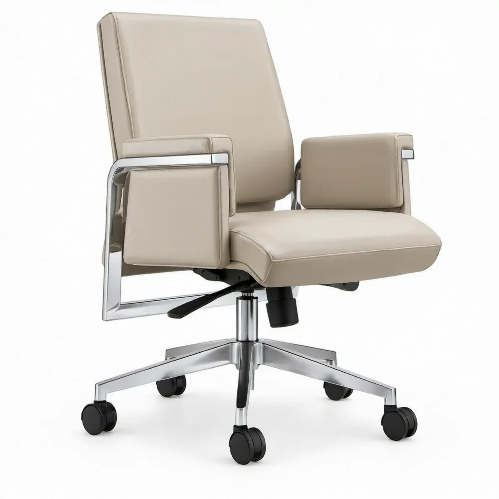 Draaibare bureaustoel met armleuningen en wielen, 65 x 65 x 112-122 cm, beige PU-kunstleer