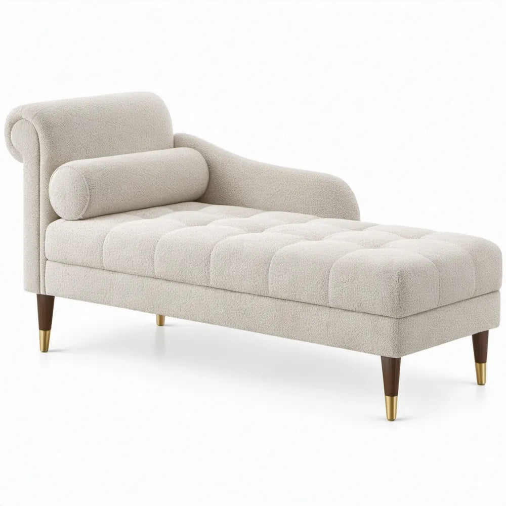 Chaise longue met armleuning, crème bouclé polyester, donkerbruine en gouden poten, 170 x 76 x 82 cm