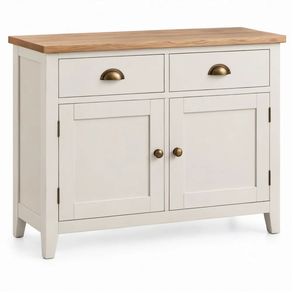 Dressoirkast met 2 deuren en 2 lades, 90 x 40 x 85 cm, crème en naturel rubberhout