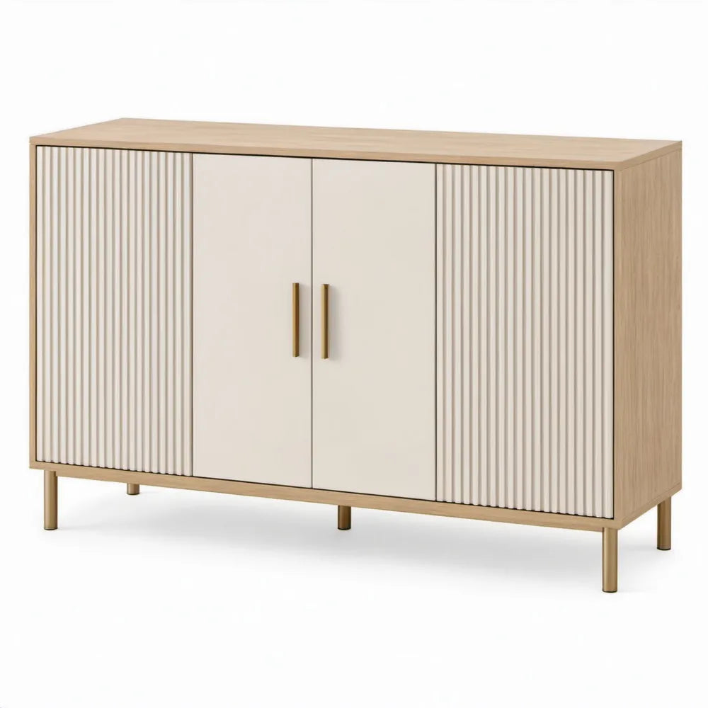Dressoir met 4 deuren, 160 x 40 x 85 cm, crème en licht eikenhoutkleurig