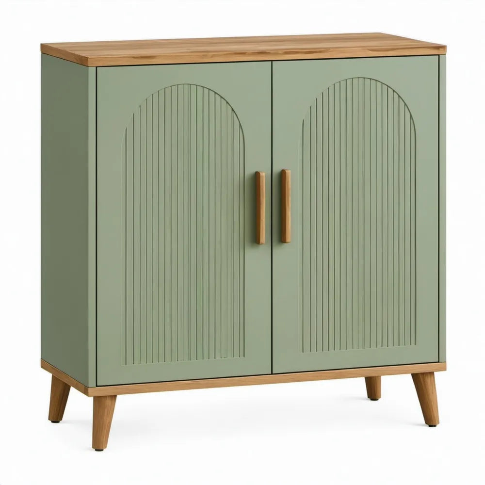 Opbergkast met 2 deuren, 80 x 40 x 90 cm, saliegroen en naturel bruin, MDF en rubberhout
