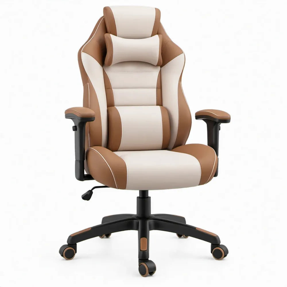 Ergonomische gamingstoel met hoofd- en lendenkussen, bruin/crème, 68 x 68 x 122-132 cm