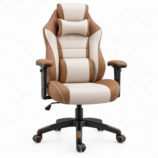 Ergonomische gamingstoel met hoofd- en lendenkussen, bruin/crème, 68 x 68 x 122-132 cm