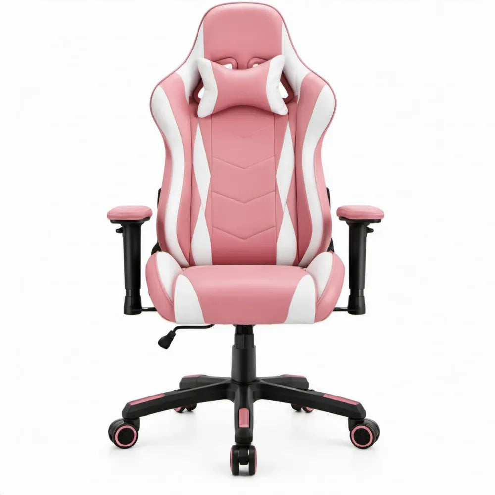 Verstelbare gamingstoel met hoofdsteun en lendenkussen, roze/wit/zwart, 66 x 66 x 118-128 cm