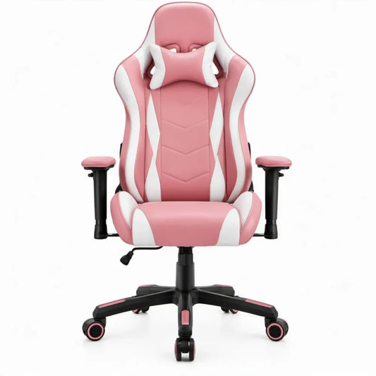 Verstelbare gamingstoel met hoofdsteun en lendenkussen, roze/wit/zwart, 66 x 66 x 118-128 cm