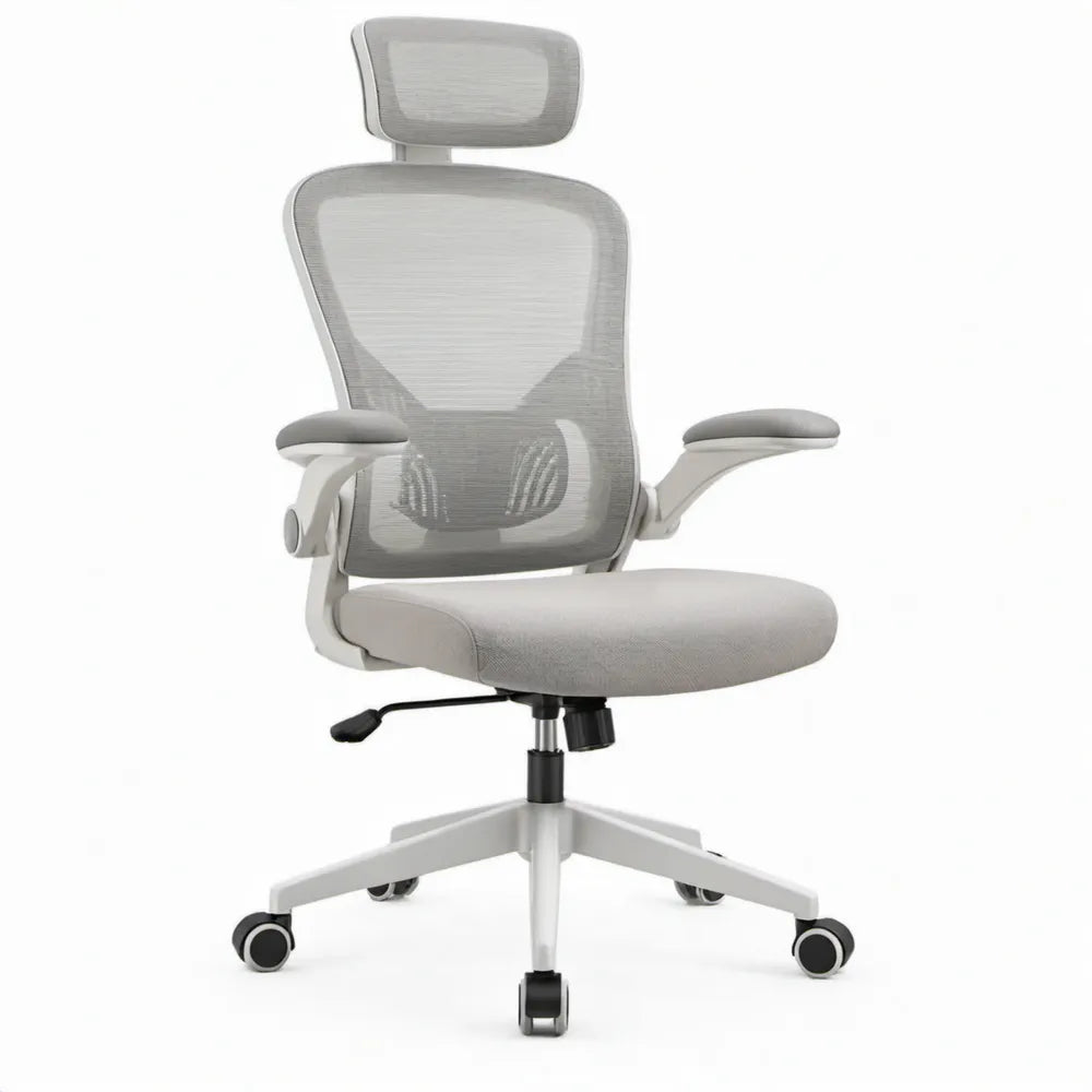 Ergonomische bureaustoel grijs/wit/zwart met verstelbare hoofdsteun en lendensteun, 65 x 65 x 118-128 cm